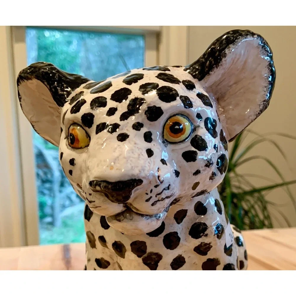 Vintage Mid-Century Majolica Leopard Cub White and Black made in Italy